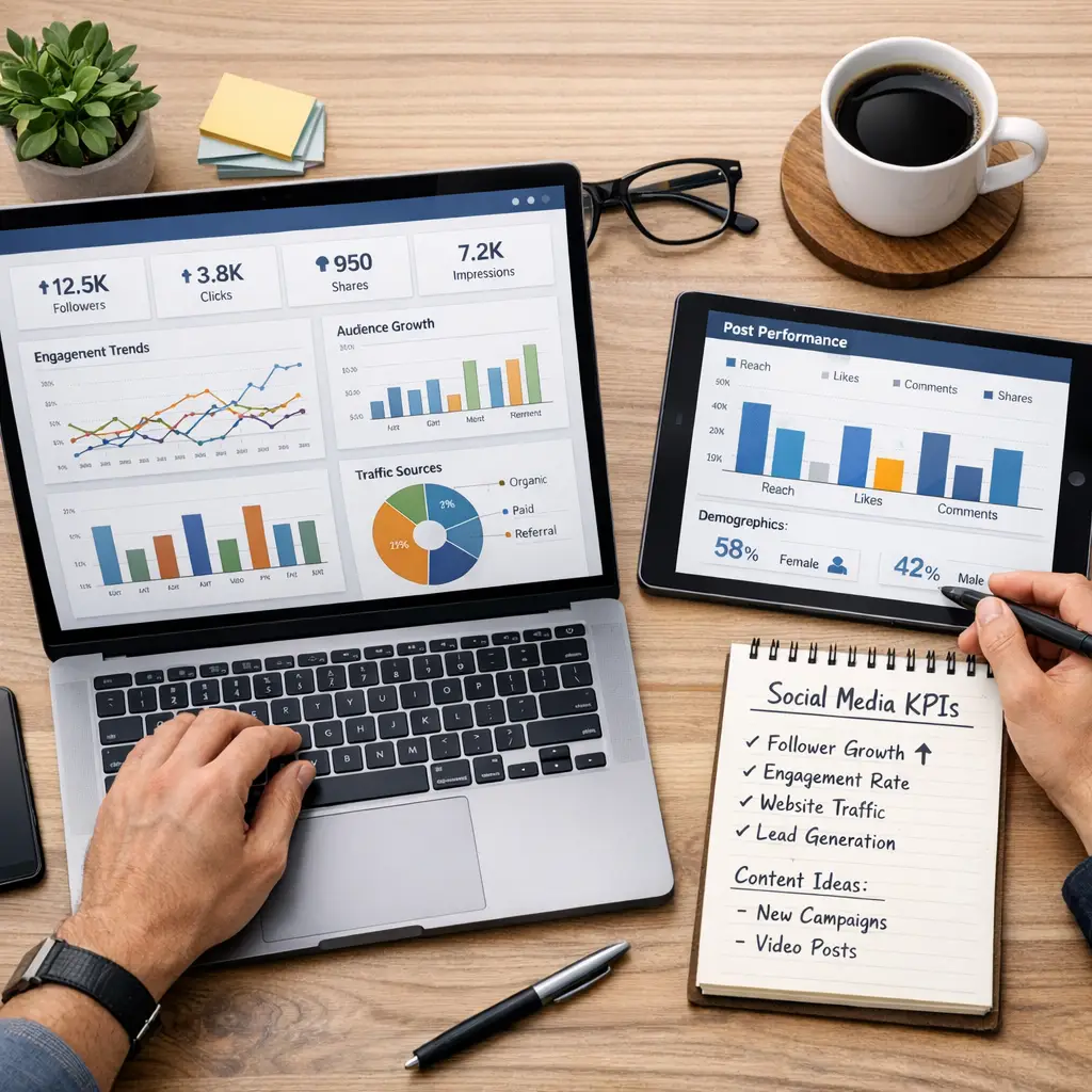 Business owner reviewing analytics dashboards on laptop and tablet while managing social media accounts with handwritten KPI 