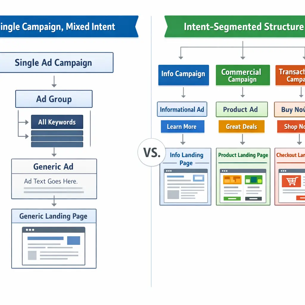 A side-by-side diagram showing two Google Ads account structures — one labeled "Single Campaign, Mixed Intent" showing all keywords dumped into one ad group feeding one generic landing page, and one labeled "Intent-Segmented Structure" showing three separate campaigns for informational, commercial, and transactional intent tiers, each with tailored ad copy and dedicated landing pages. Use a clean flowchart style with clear visual separation between the two approaches.