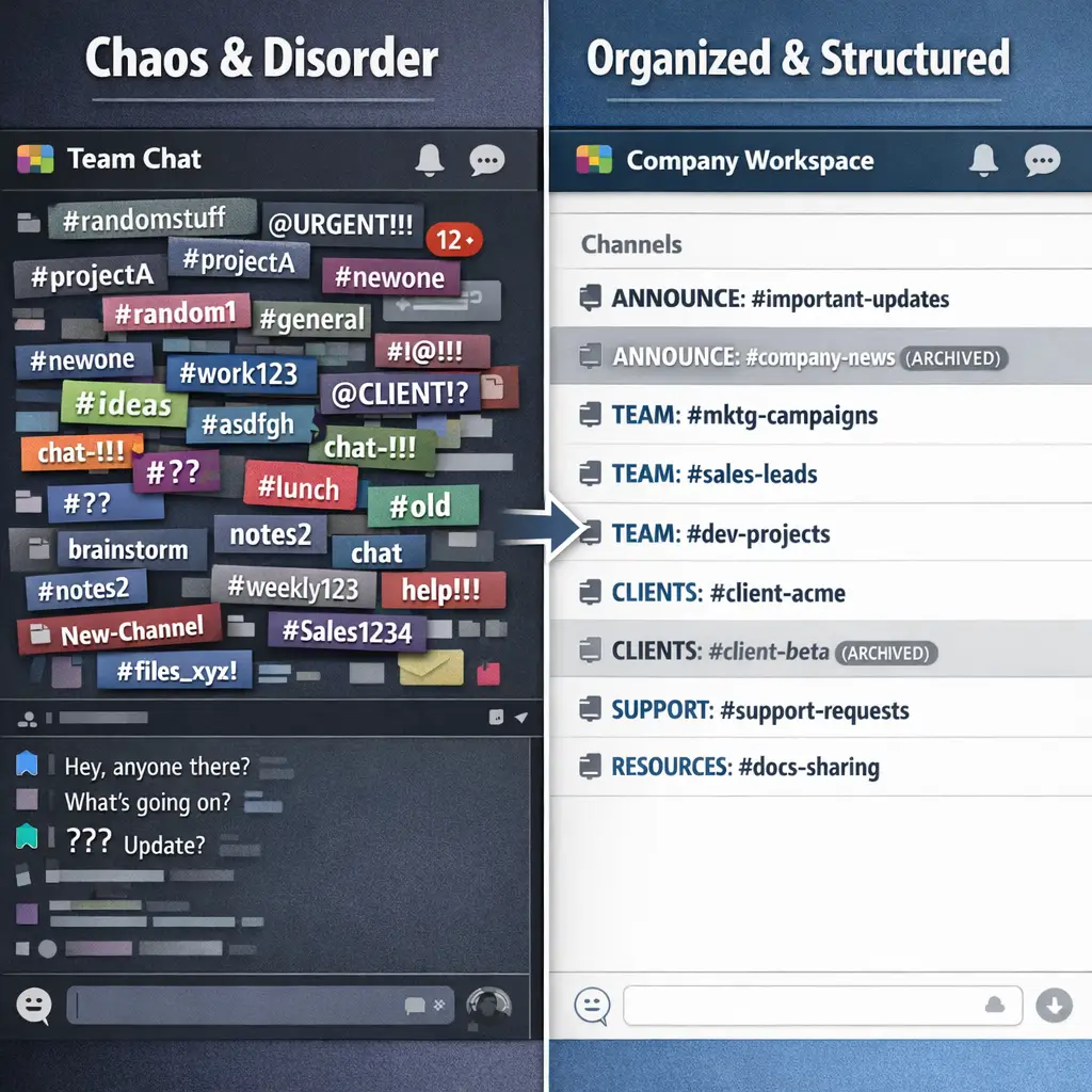 "A split-screen diagram showing two contrasting Slack-style messaging workspace layouts side by side — on the left, a chaotic 'channel entropy' view with dozens of unlabeled, overlapping chat channel listings in various states of activity; on the right, a clean governance model with clearly labeled chat channel name prefixes, archived chat channels visually distinct, and active chat channels organized by business function. The image should convey the operational difference between an unmanaged and a governed business messaging platform environment."