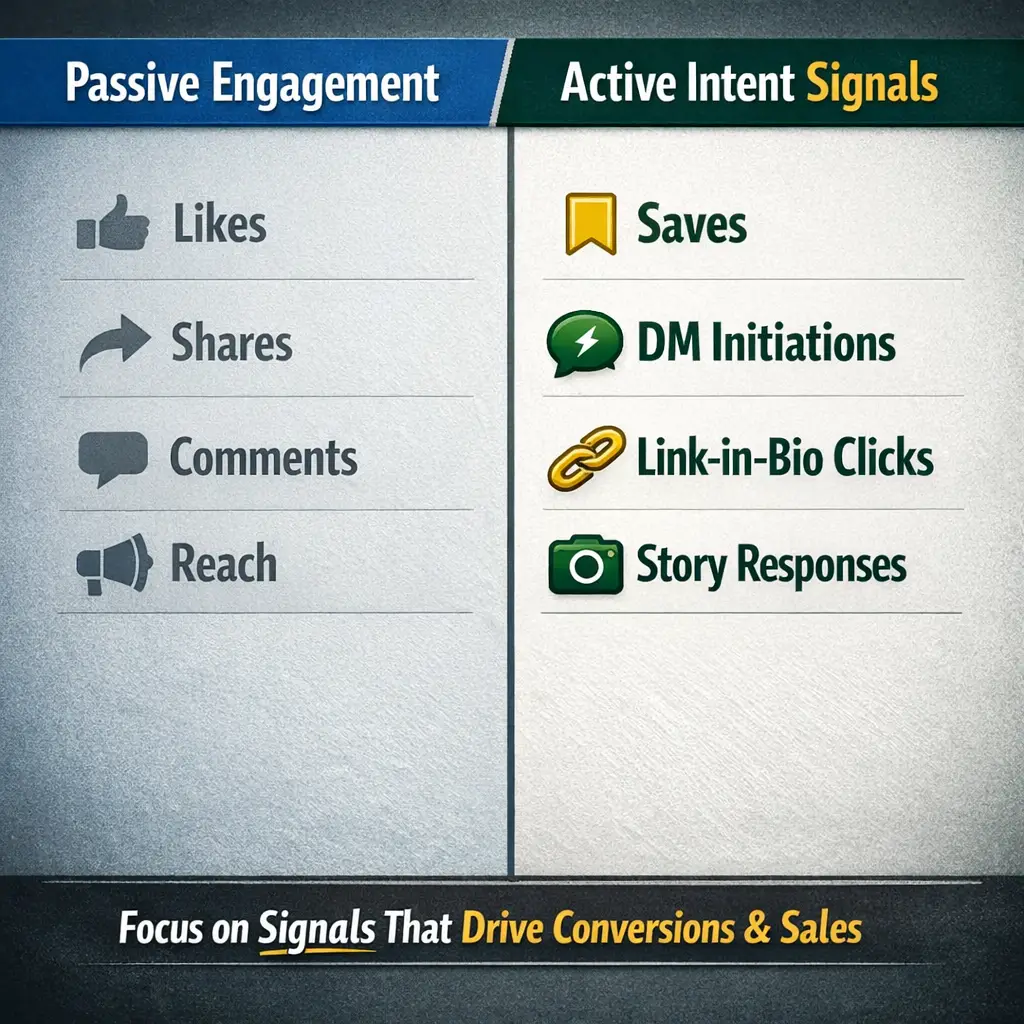 A clean side-by-side comparison graphic showing two columns labeled "Passive Engagement" and "Active Intent Signals." The passive column lists likes, shares, comments, and reach with muted styling. The active column highlights saves, DM initiations, link-in-bio clicks, and story responses with bold styling, showing small business owners which metrics to prioritize for actual revenue outcomes.