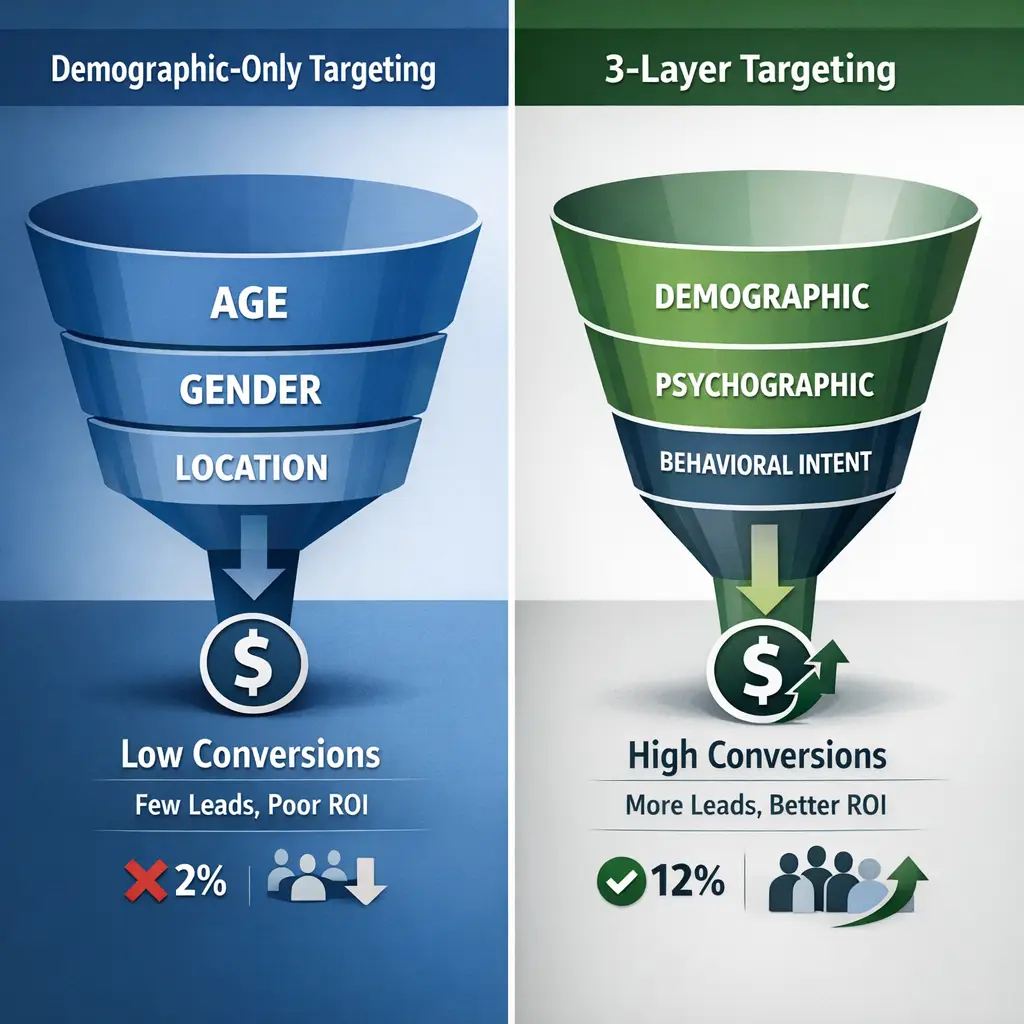 A split-screen graphic comparing two social media campaign approaches side by side. On the left, labeled "Demographic-Only Targeting," show a wide funnel with generic audience labels (age, gender, location) and low conversion indicators. On the right, labeled "3-Layer Targeting," show a narrower, more precise funnel incorporating demographic, psychographic, and behavioral intent layers, with higher conversion rate indicators. Use a clean, professional color palette consistent with a B2B marketing context.