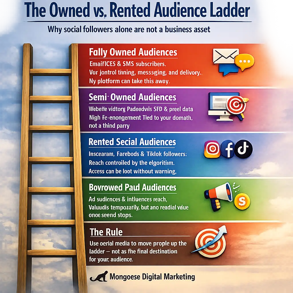 type=infographic; title="The Owned vs. Rented Audience Ladder"; subtitle="Why social followers alone are not a business asset"; item1_title="Fully Owned Audiences"; item1_body="Email lists and SMS subscribers. You control timing, messaging, and delivery. No platform can take this away."; item2_title="Semi-Owned Audiences"; item2_body="Website visitors tracked via SEO and pixel data. High re-engagement potential through retargeting — tied to your domain, not a third party."; item3_title="Rented Social Audiences"; item4_body="Instagram, Facebook, and TikTok followers. Reach is controlled by the algorithm. Access can be lost without warning."; item4_title="Borrowed Paid Audiences"; item4_body="Ad audiences and influencer reach. Valuable temporarily, but deliver zero residual value once spend stops."; item5_title="The Rule"; item5_body="Use social media to move people up the ladder — not as the final destination for your audience."; footer="Mongoose Digital Marketing"