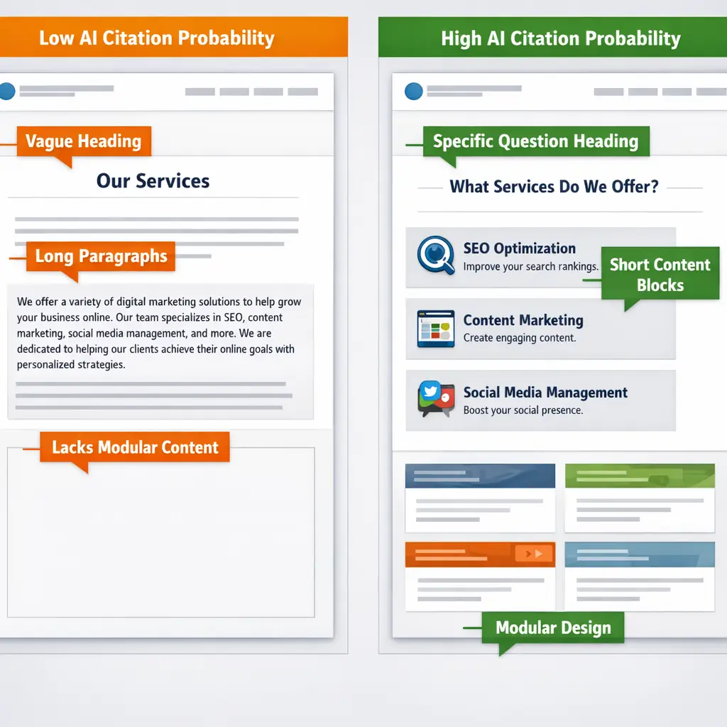 Side-by-side webpage comparison showing low vs. high AI citation probability layouts, a key web design best practice for SEO 
