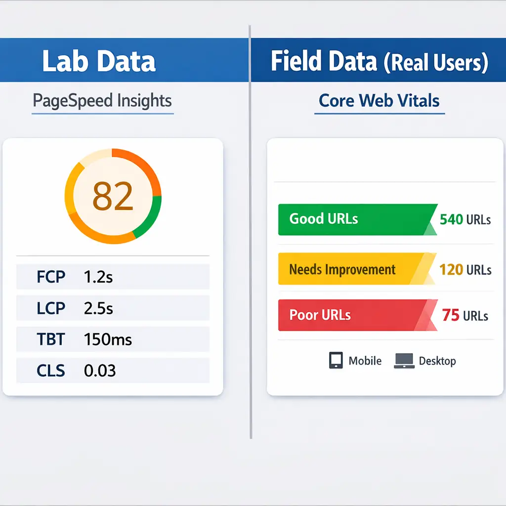 Side-by-side comparison of PageSpeed Insights lab data vs Google Search Console field data for website speed optimization