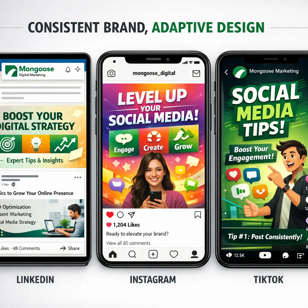 A side-by-side screenshot comparison of the same brand visually expressed across three platforms — LinkedIn, Instagram, and TikTok — demonstrating how adaptive consistency works in practice: the core color palette and logo remain recognizable, but the layout, production level, and text weight shift to match each platform's native visual grammar.