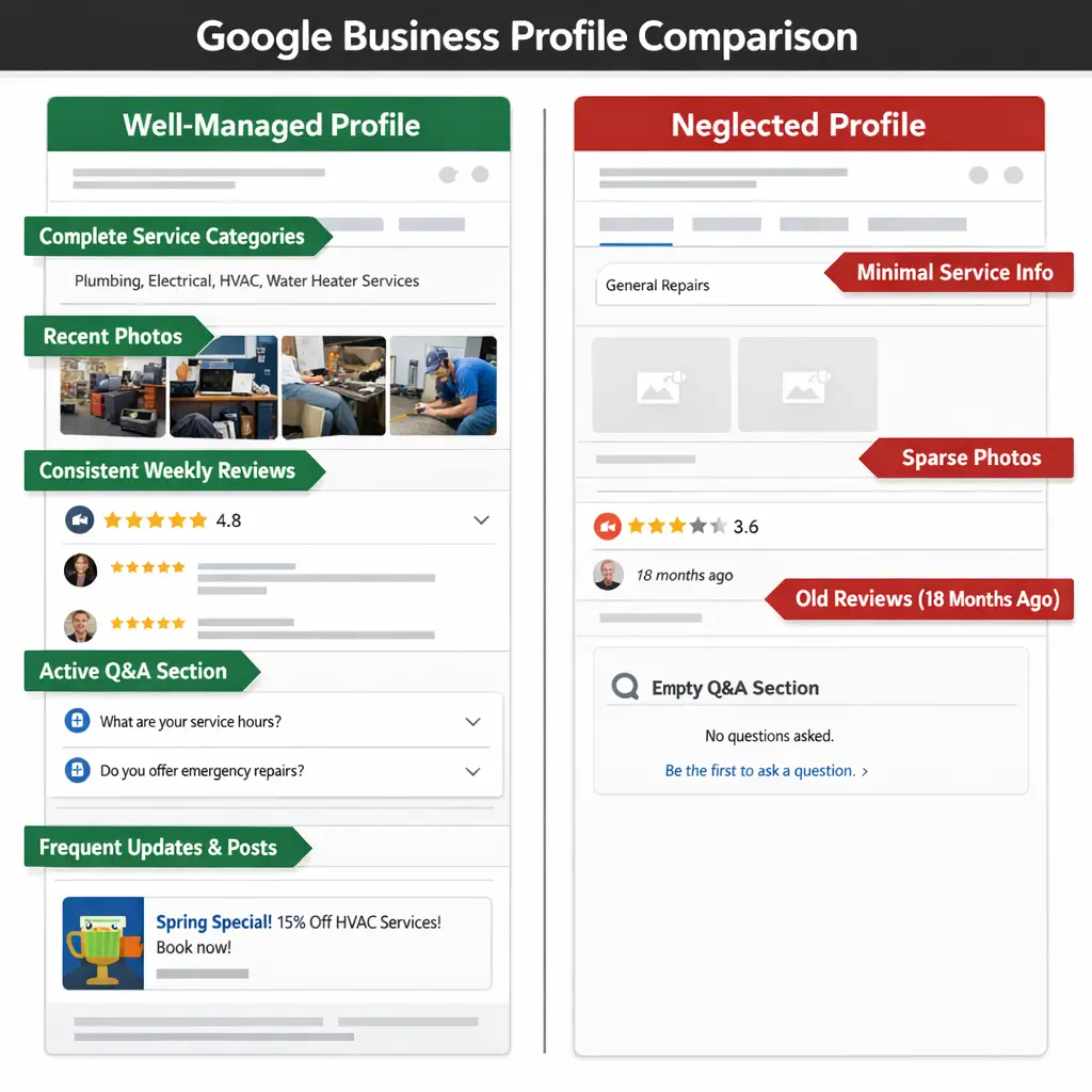 Side-by-side Google Business Profile comparison showing how affordable SEO management in Dayton, Ohio improves local listing 