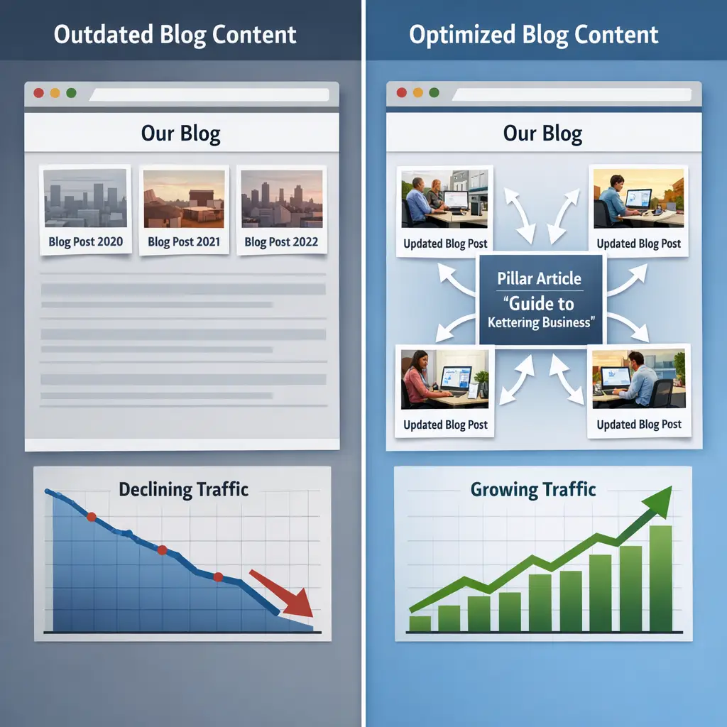 Split-screen showing outdated blog posts with declining traffic vs. refreshed content strategy with growth trends for blog wr