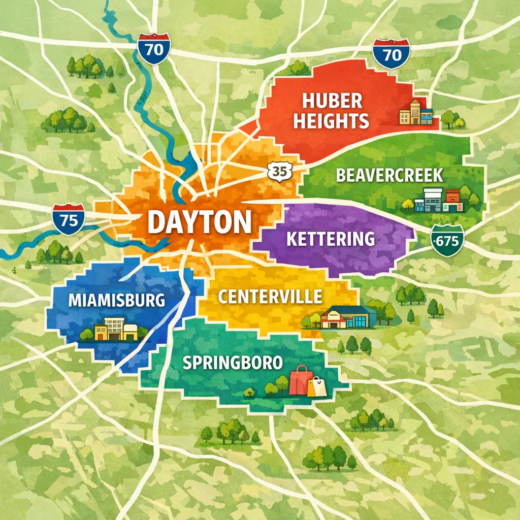 Map of Dayton OH metro area highlighting key suburbs: Kettering, Beavercreek, Centerville, Huber Heights, Miamisburg, and Spr