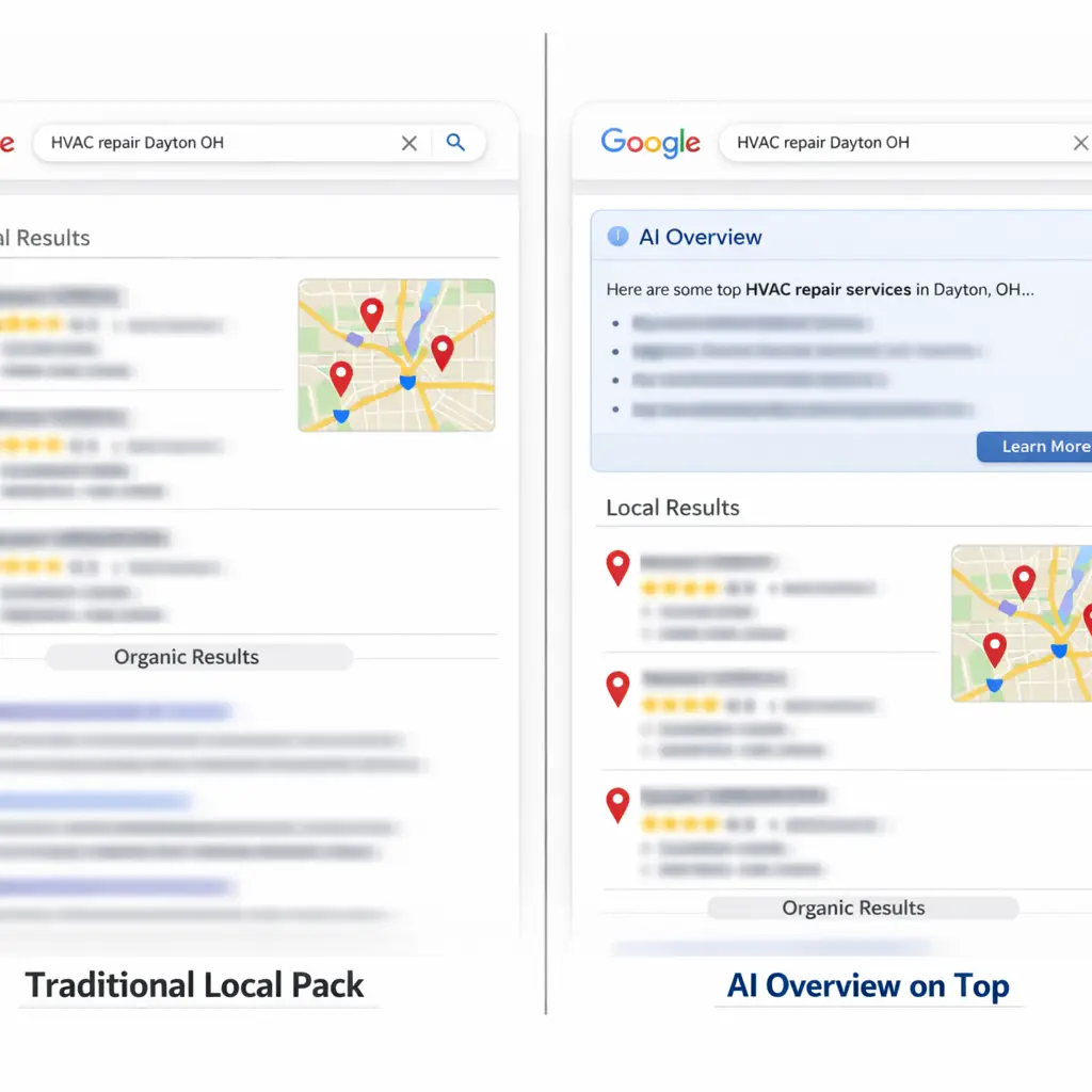 Split-screen Google results comparing Local Pack vs. AI Overview placement for local queries, relevant to any local SEO agenc
