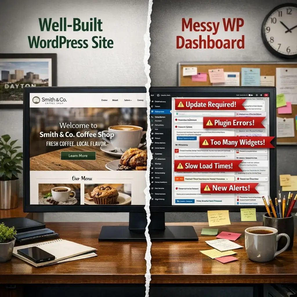 Split-screen showing a clean small business WordPress website on a monitor versus a cluttered, plugin-heavy WordPress admin d