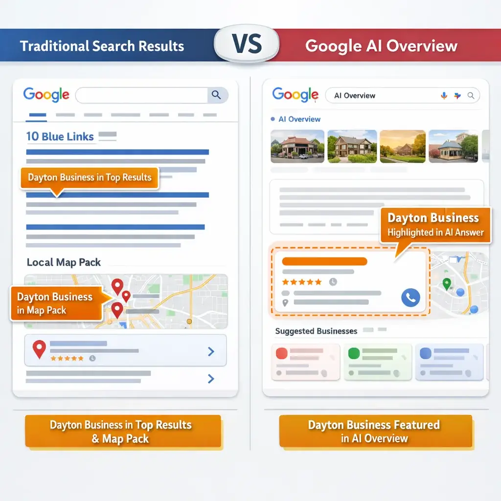 Split-screen comparing traditional Google search results vs AI Overview, showing how a full service SEO company Dayton optimi
