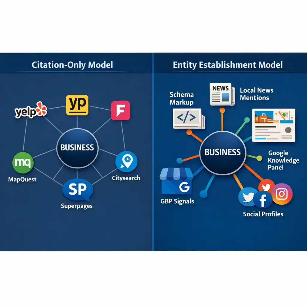 Split-panel graphic comparing citation-only vs. entity establishment models for local search engine optimization, showing ric