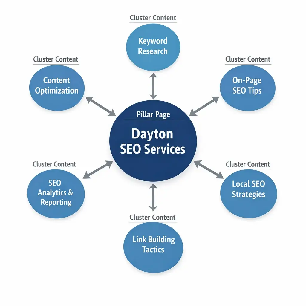 Hub-and-spoke content architecture diagram showing pillar page and cluster content internal linking for search engine optimiz