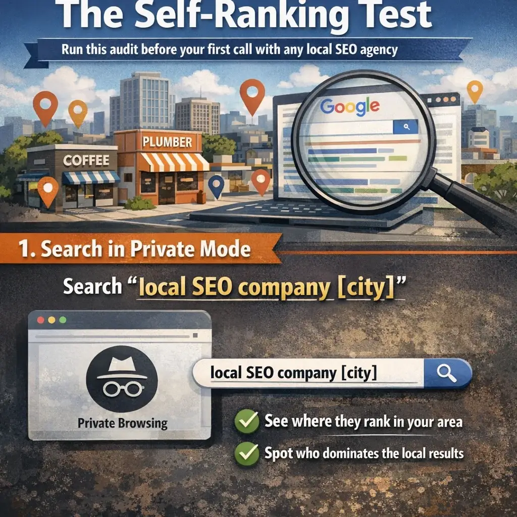 Infographic: The Self-Ranking Test audit checklist for selecting a local SEO company before your first agency call