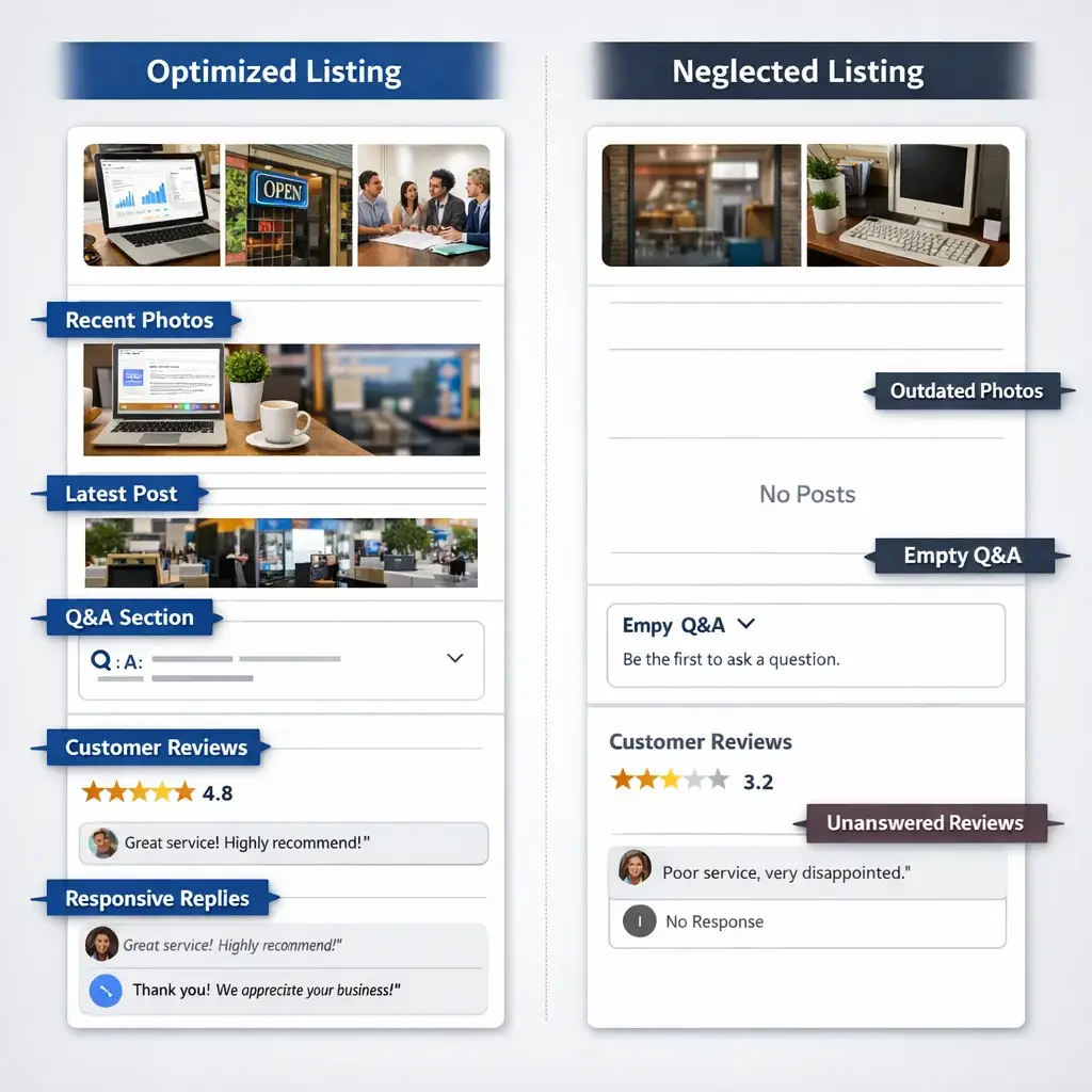 Two Google Business Profile listings compared: optimized vs. neglected, highlighting what a local SEO company should manage.