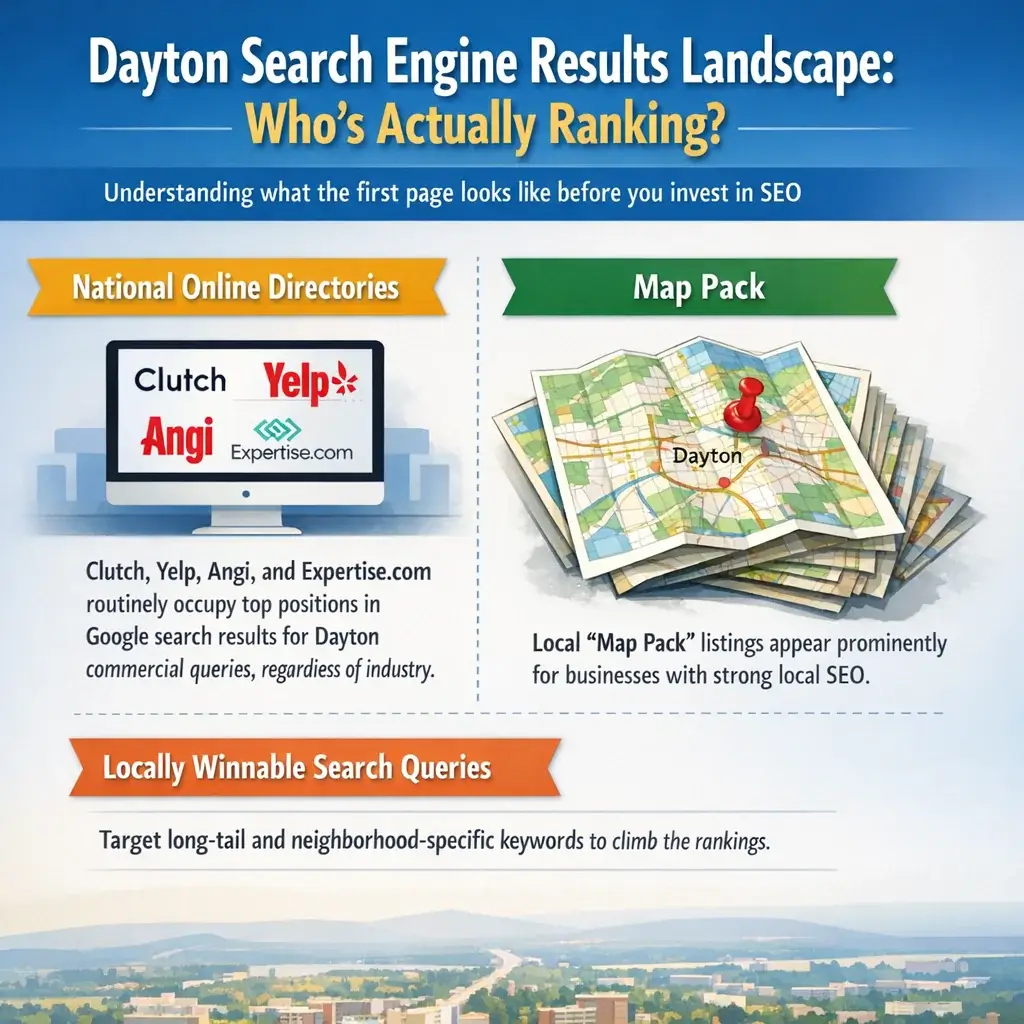 Dayton Ohio SEO search results landscape infographic showing who ranks on Google's first page for local business queries