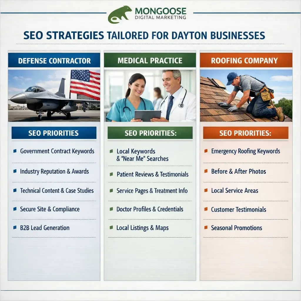 SEO priority frameworks for three Dayton, Ohio business types: defense contractor, medical practice, and roofing company, com