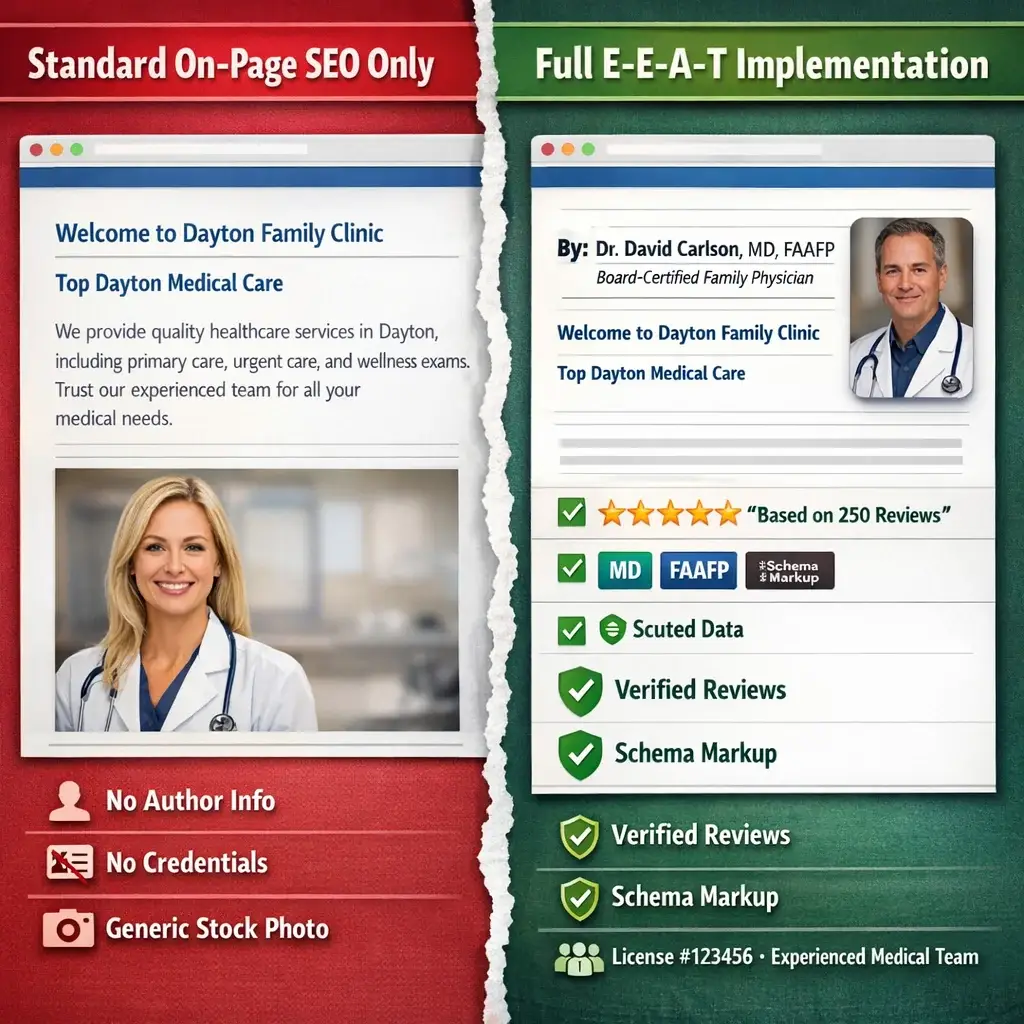 Split-panel comparison of a Dayton medical clinic website showing standard on-page SEO vs. full E-E-A-T implementation with p