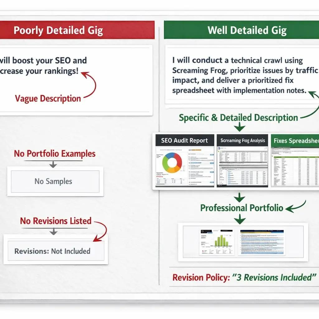 Side-by-side comparison of vague vs. specific Fiverr SEO gig descriptions, with annotations highlighting quality signals for