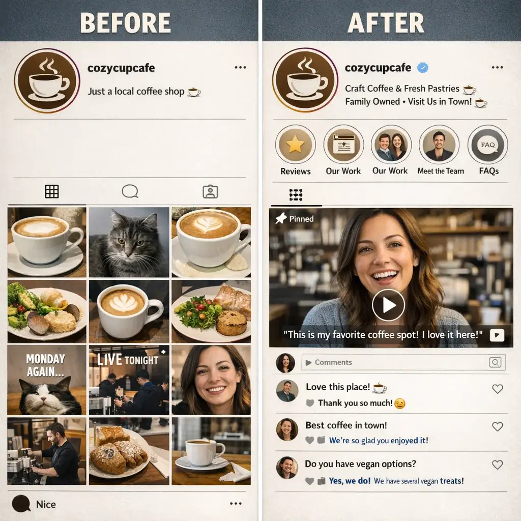 Split-screen comparing a disorganized vs. optimized small business Instagram profile showing social media marketing strategie