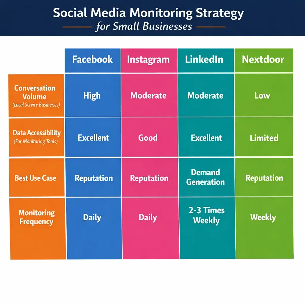 Flat-design chart comparing Facebook, Instagram, LinkedIn, and Nextdoor monitoring metrics for small business social media st