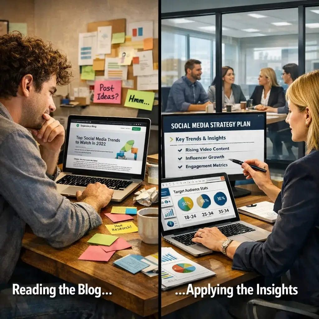 Split-screen of two marketers: one passively reading a Sprout Social blog, the other turning the same post into a stakeholder