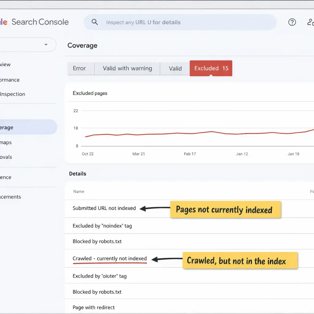 Google Search Console Coverage report showing excluded URLs during a technical SEO audit for a small business site.