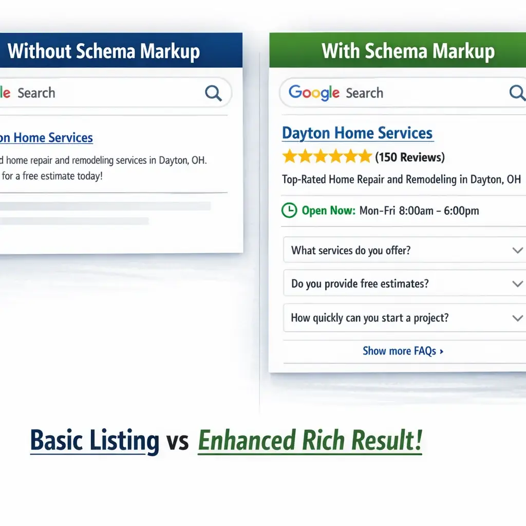 Side-by-side Google SERP comparison showing a plain listing vs. a rich result with stars, FAQs, and hours for a Dayton busine