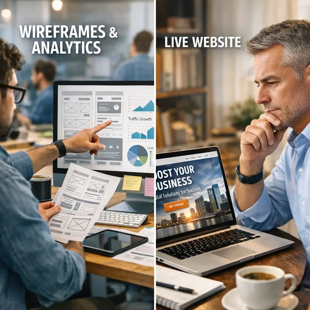 Designer reviewing wireframes at a website design agency beside a business owner evaluating a finished site on a laptop.