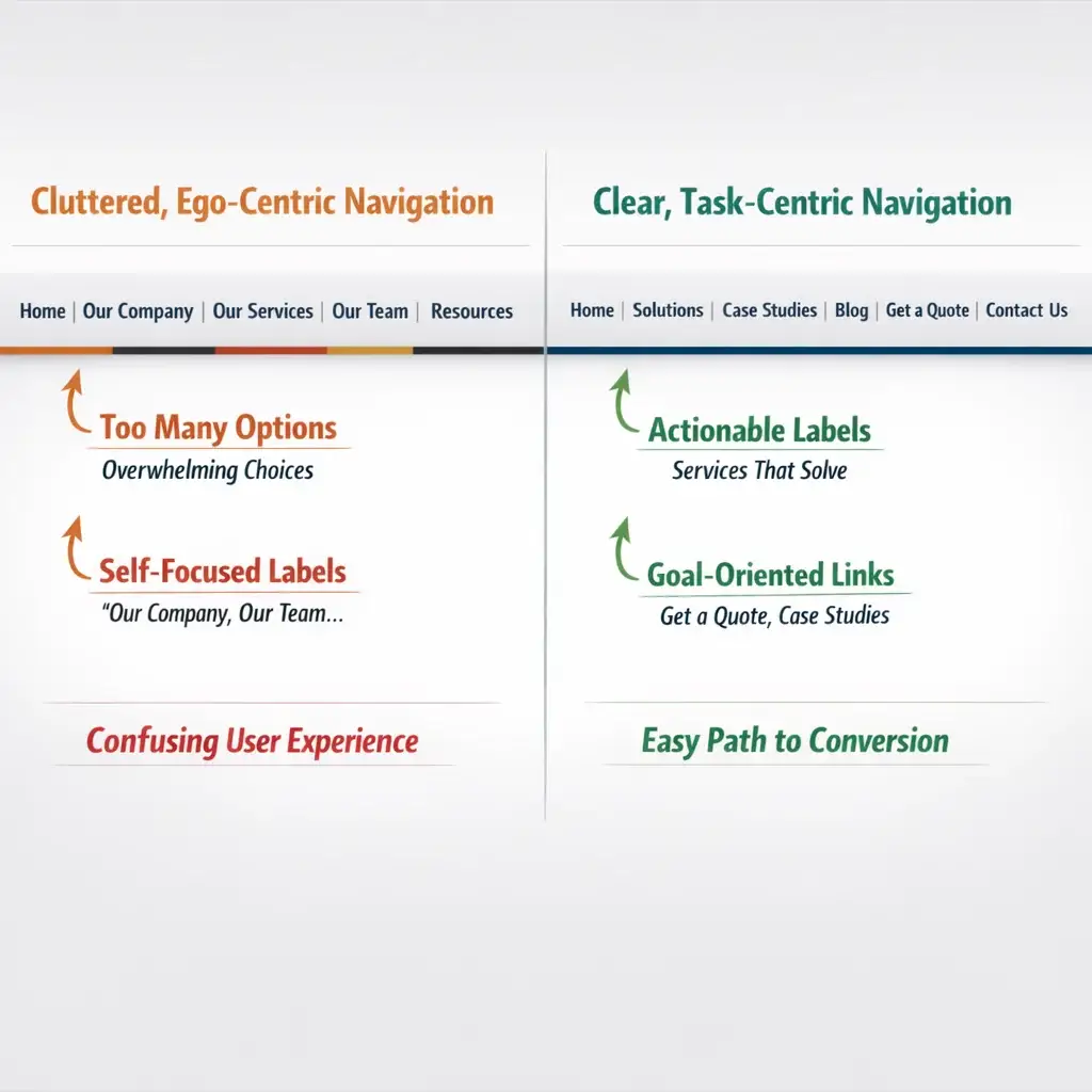 Side-by-side comparison of cluttered vs. clean company website navigation design showing ego-centric vs. task-centric menu la