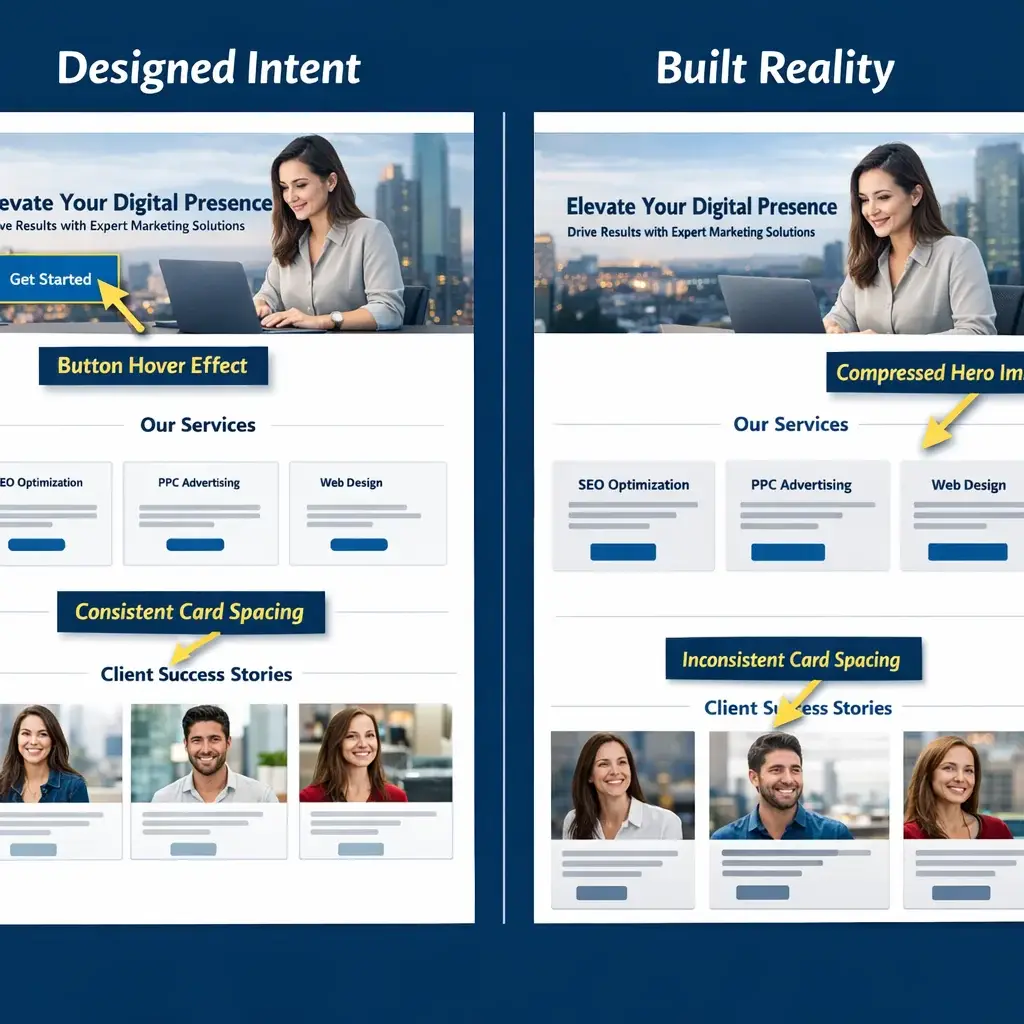 Side-by-side comparison of design mockup vs. browser build, highlighting spacing, hover, and image flaws fixed by website red