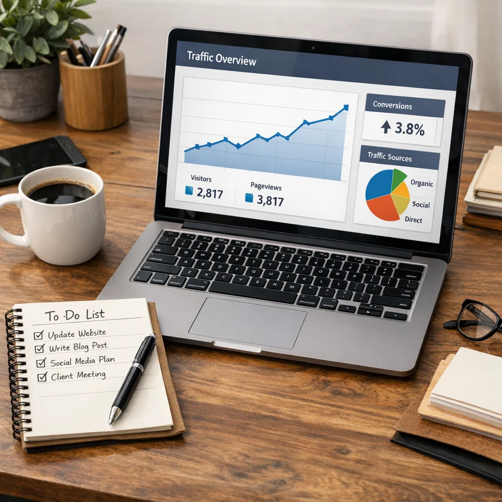 Small business owner's desk with laptop showing upward traffic analytics, notebook checklist, and coffee mug in natural light