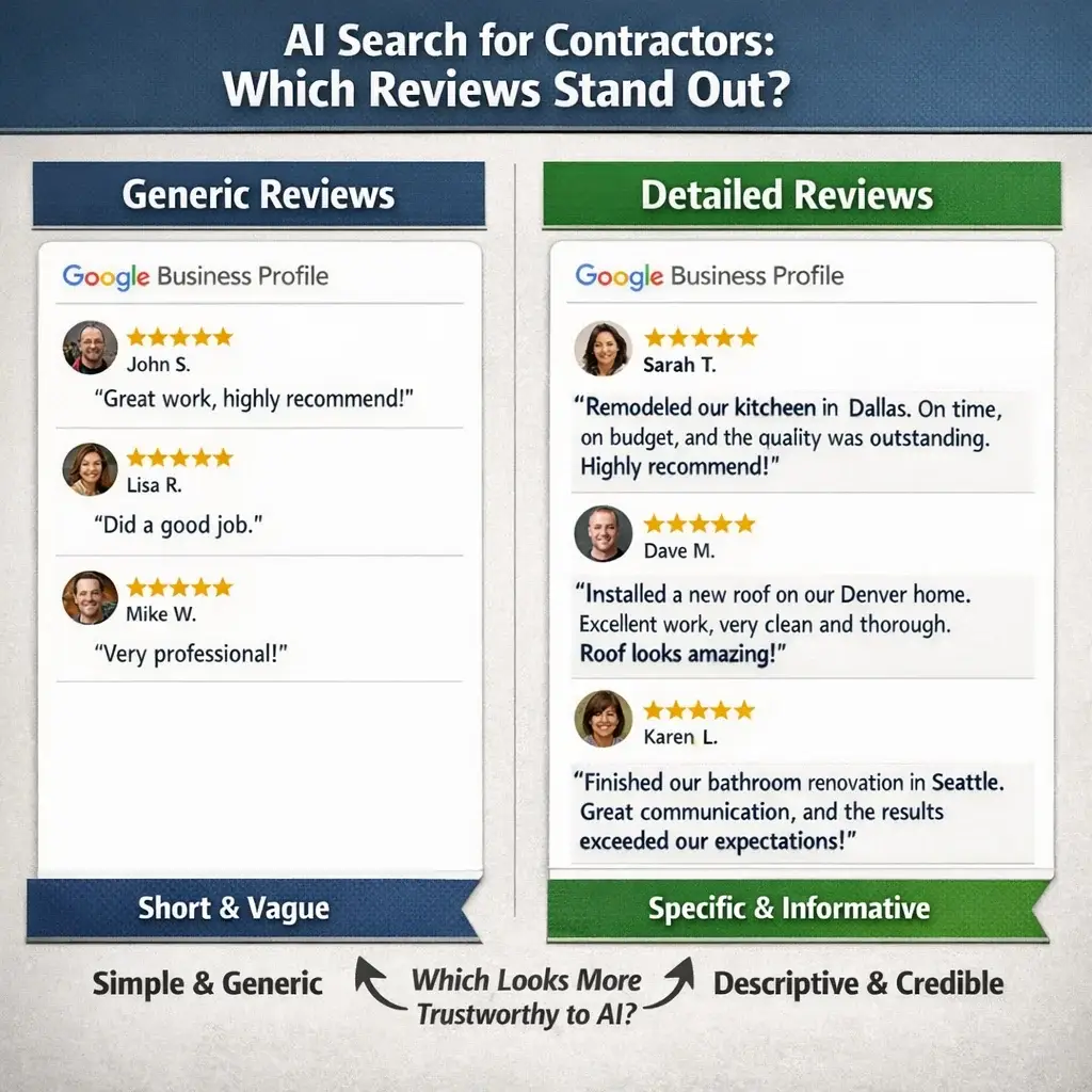 Side-by-side Google Business Profile reviews showing generic vs. detailed contractor reviews used in AI search ranking.