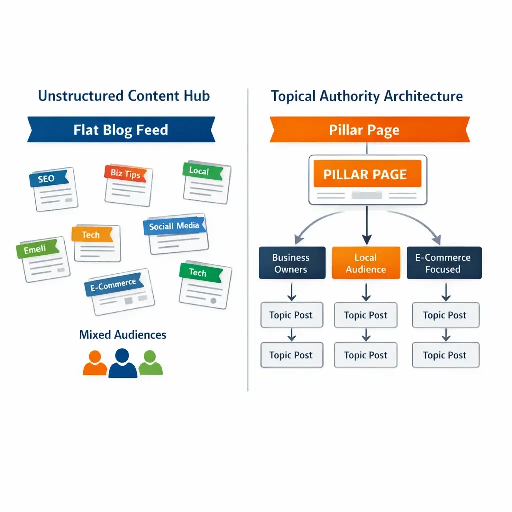Diagram comparing unstructured blog content hub vs. topical authority architecture for Dayton Ohio blog services strategy.