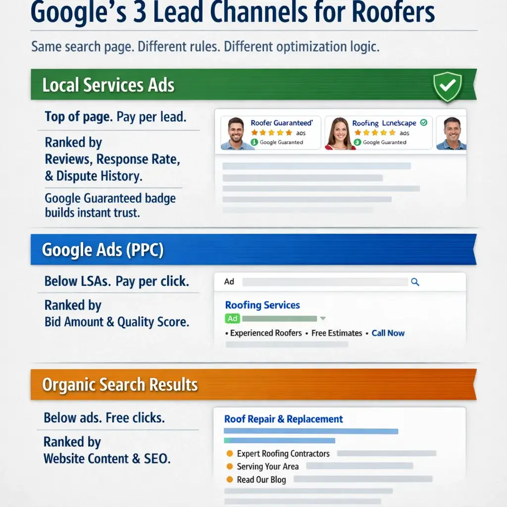Infographic showing Google's 3 lead channels roofers use to get leads: Local Services Ads, Google Ads, and Maps.