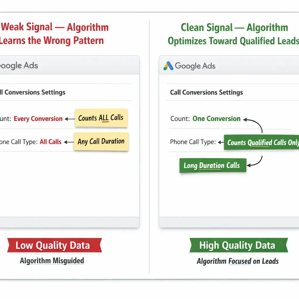 Side-by-side Google Ads conversion tracking setups showing weak vs. clean signals, key to how roofers get leads from Google.
