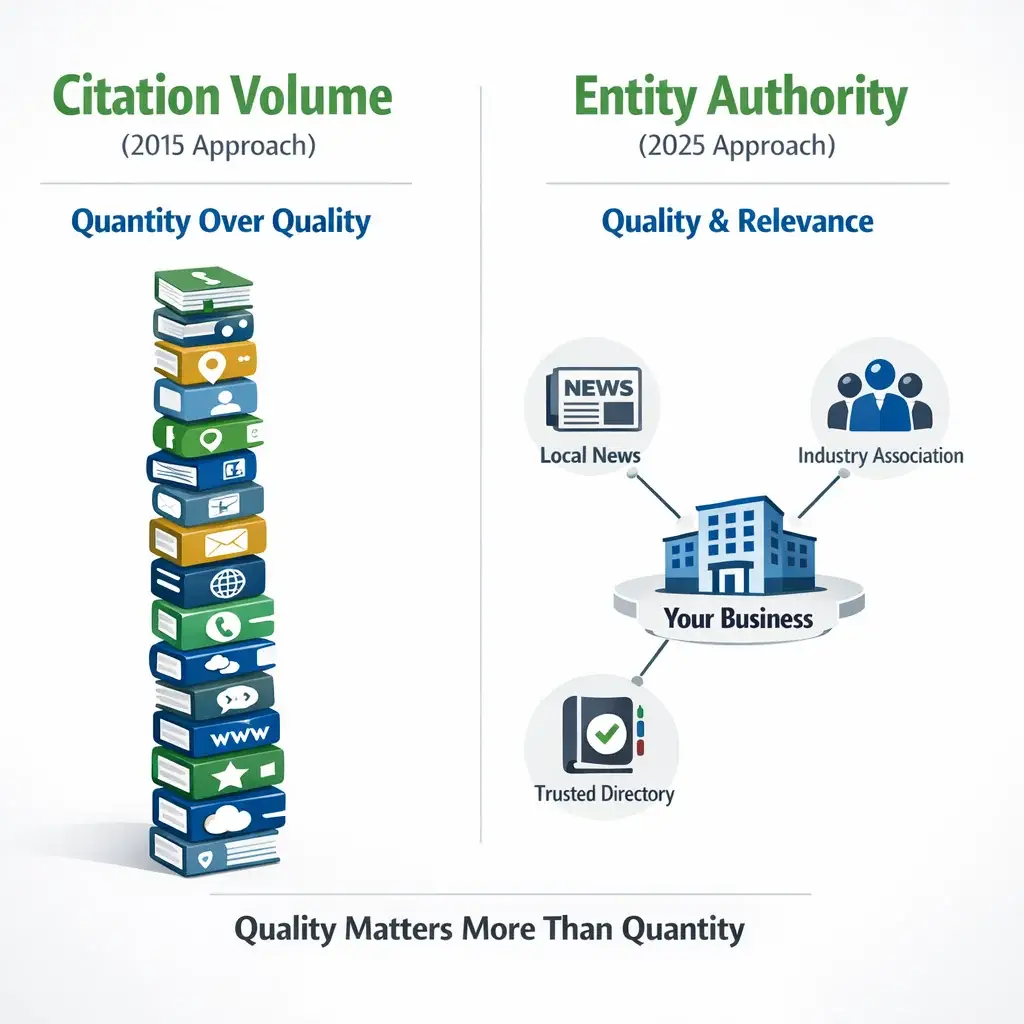 Side-by-side chart comparing citation volume vs. entity authority strategies used by local SEO companies in 2015 and 2025.