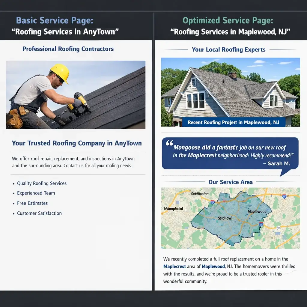 Side-by-side comparison of a thin roofing service area page versus an optimized local SEO page with geo-tagged photos, review