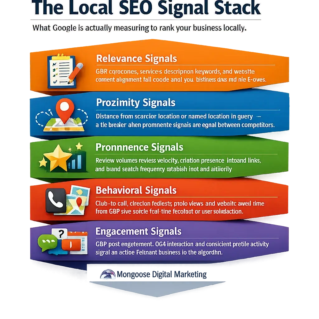 Infographic showing the five local SEO optimization signals Google measures to rank businesses: relevance, proximity, promine