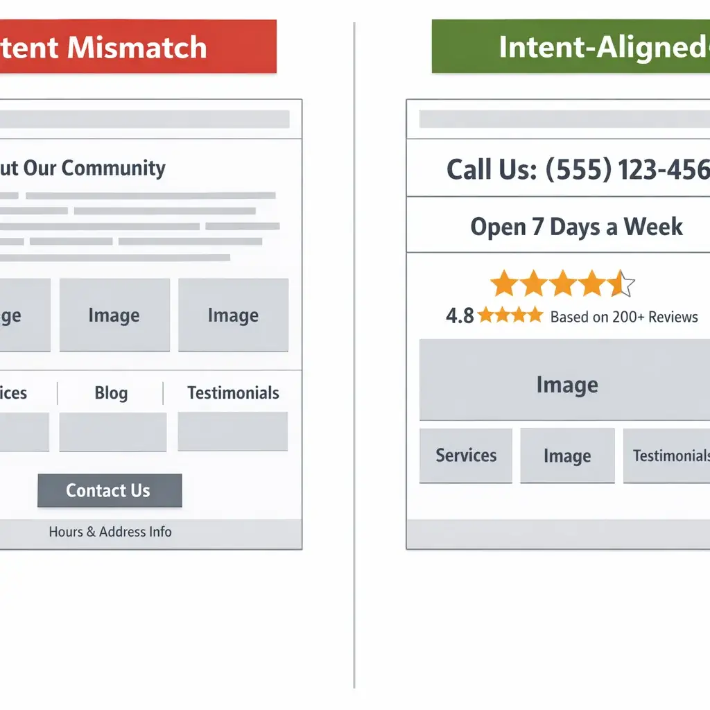 Wireframe comparison of local SEO optimization landing page layouts: intent mismatch vs. intent-aligned above-the-fold struct