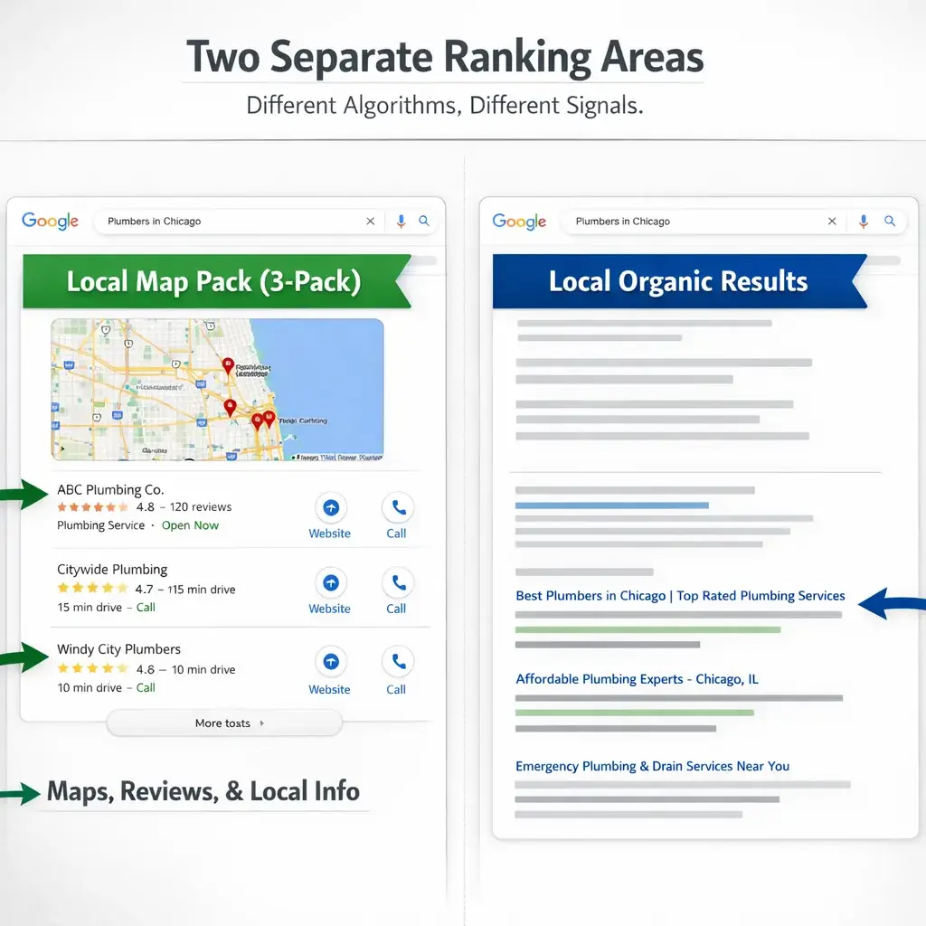 Google search results page showing labeled Local Map Pack and organic listings, two distinct ranking areas targeted by local