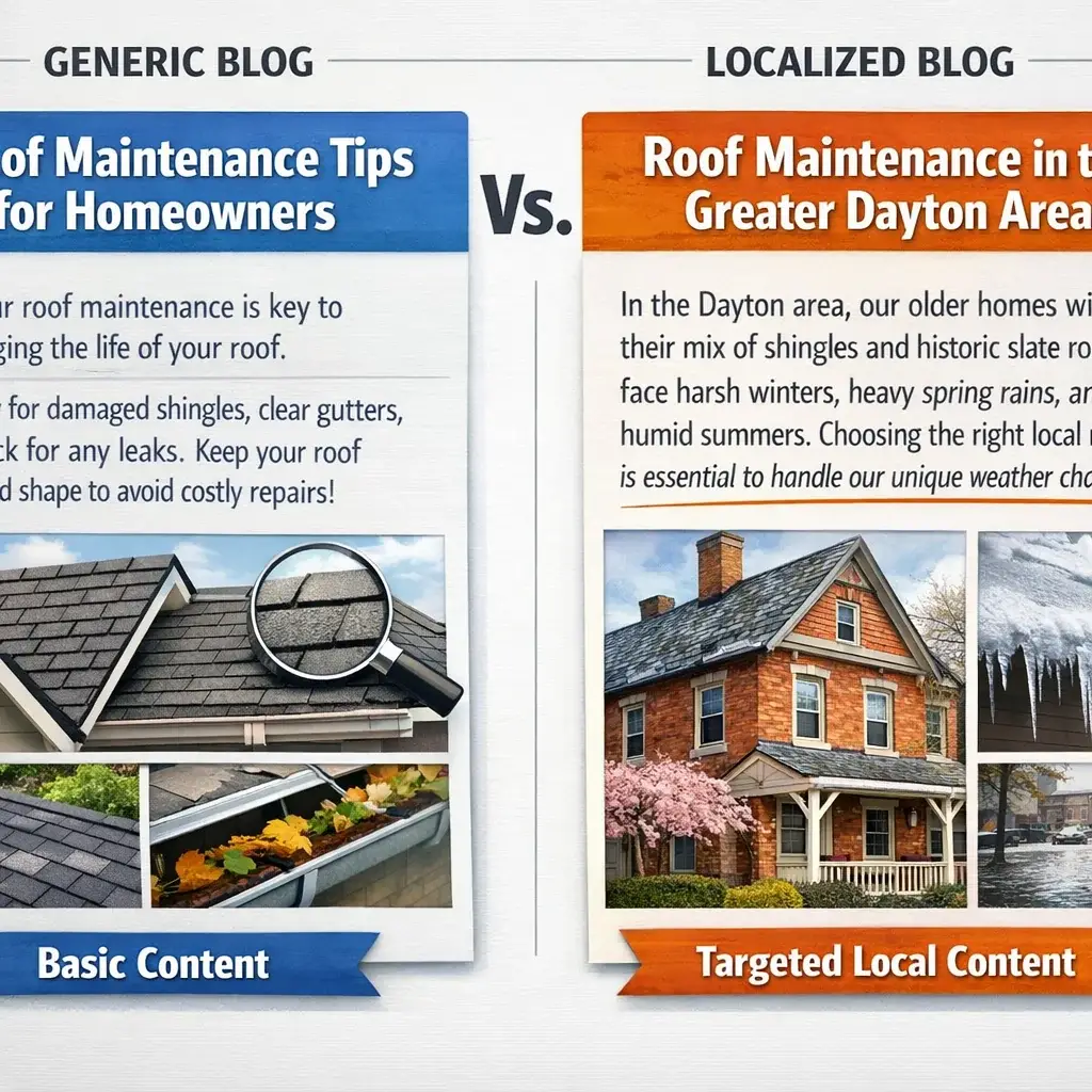Side-by-side comparison of generic vs. localized roofing company blog topics, showing how regional details strengthen content