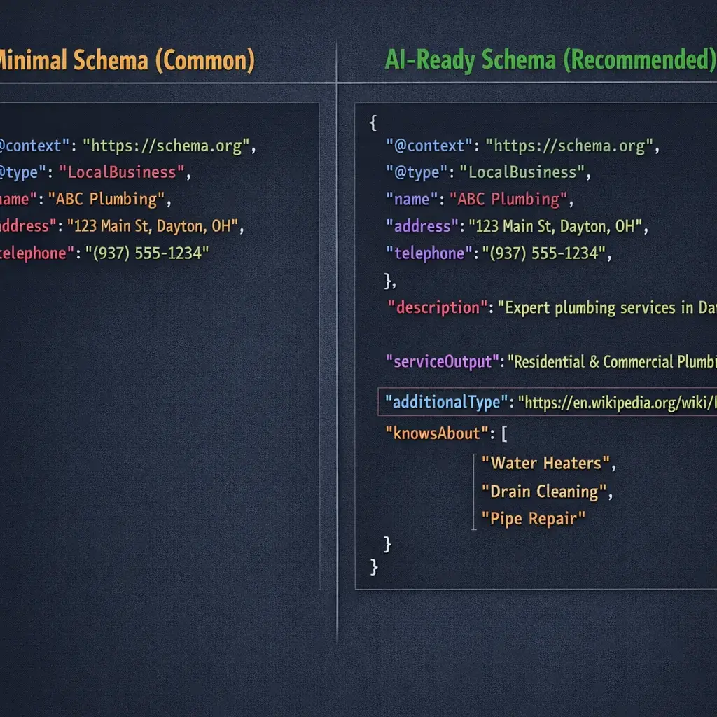 Side-by-side schema markup comparison: minimal vs. AI-ready code blocks for Dayton businesses, highlighting key structured da