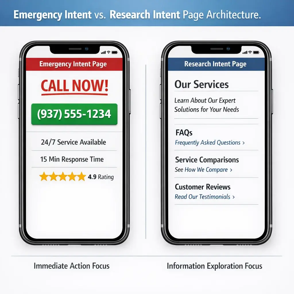 Two mobile screens comparing emergency vs. research intent page layouts for search ranking services in Dayton, OH.
