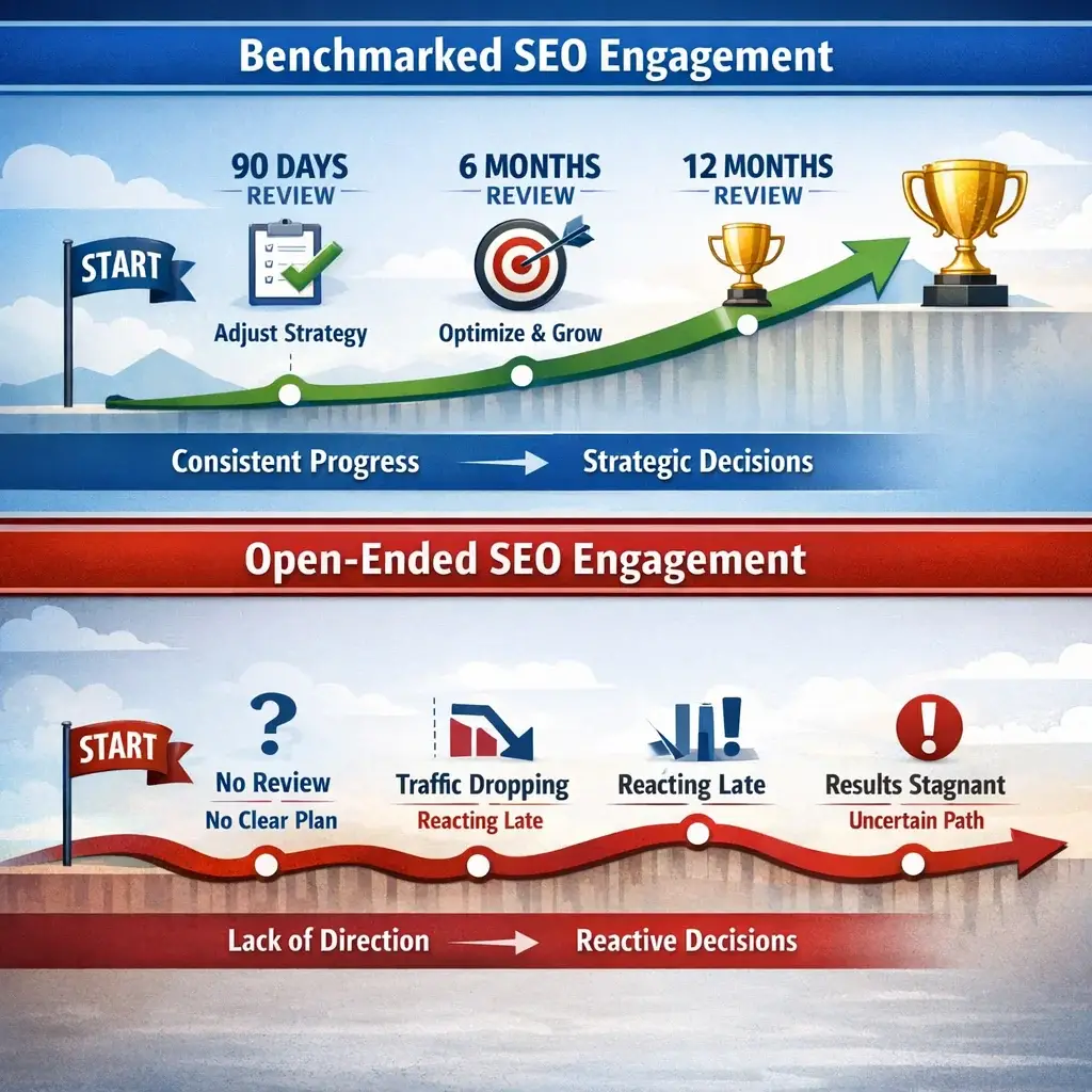 Two SEO engagement timelines comparing benchmarked milestones vs. open-ended strategy for small business SEO companies.