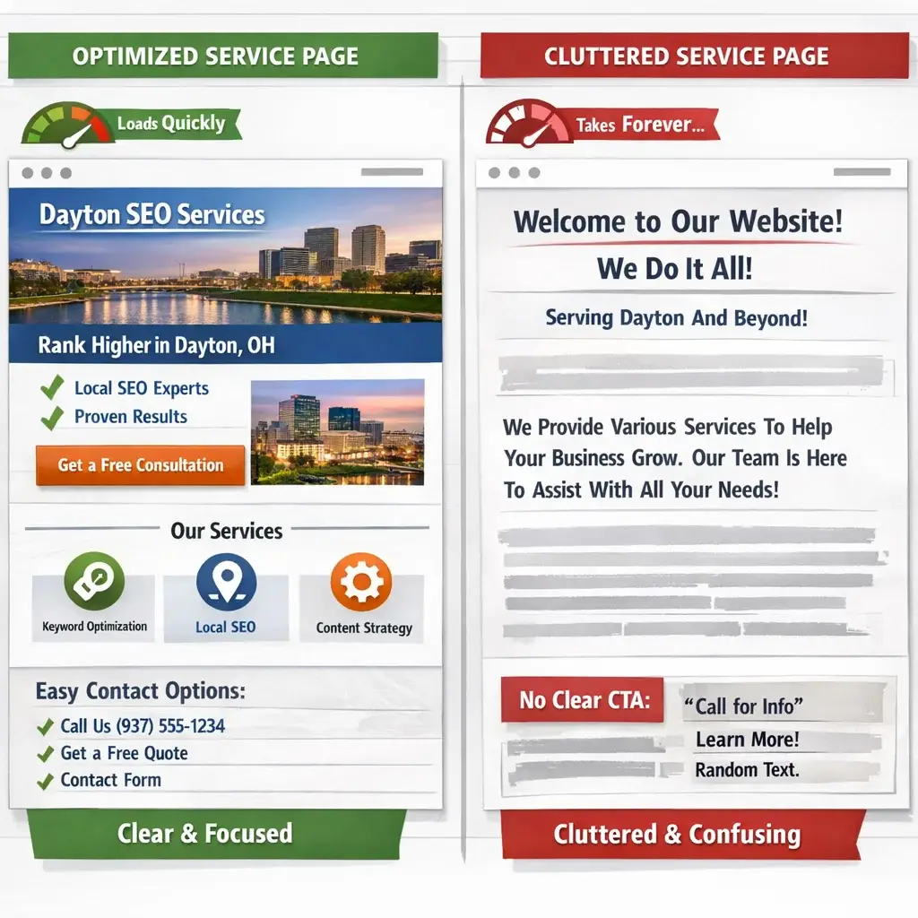 Optimized Dayton SEO marketing service page vs cluttered slow site showing UX and conversion design contrast