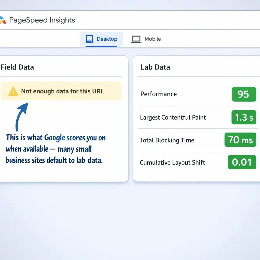 PageSpeed Insights split view showing "Not enough data" in Field Data vs green Lab Data scores — common in small business SEO