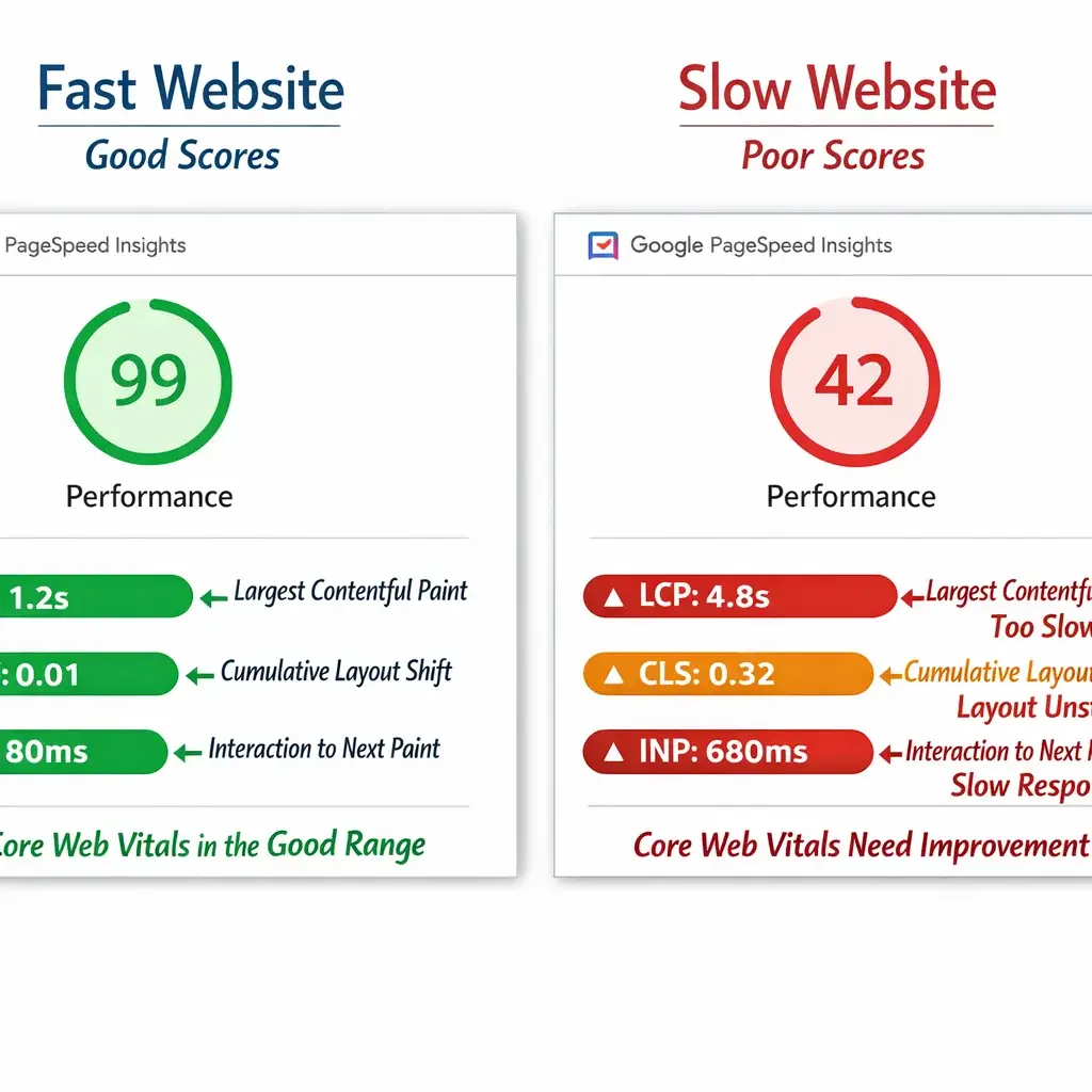 Side-by-side Google PageSpeed scores showing good vs. poor Core Web Vitals for Dayton OH web design performance.