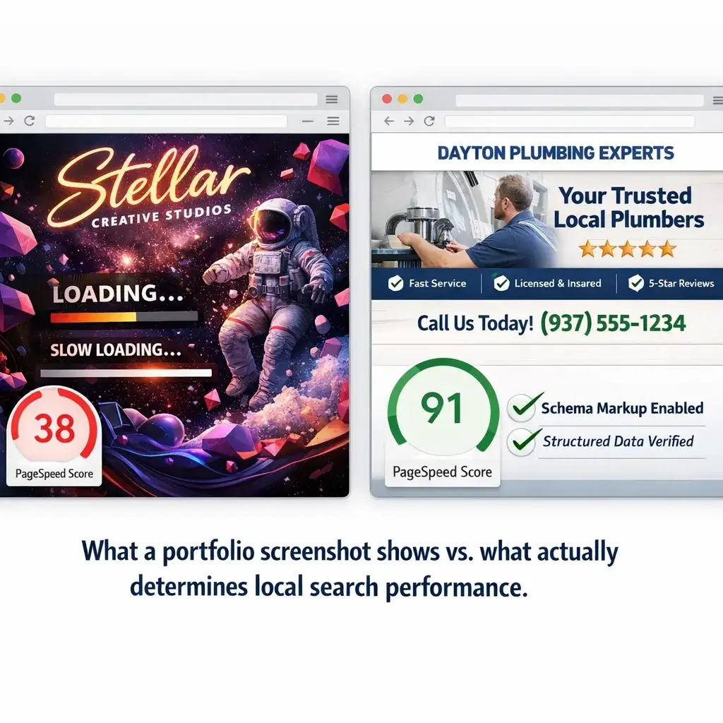 Split-screen showing slow 38 vs fast 91 PageSpeed scores — what Dayton Ohio website design agencies don't always show you.