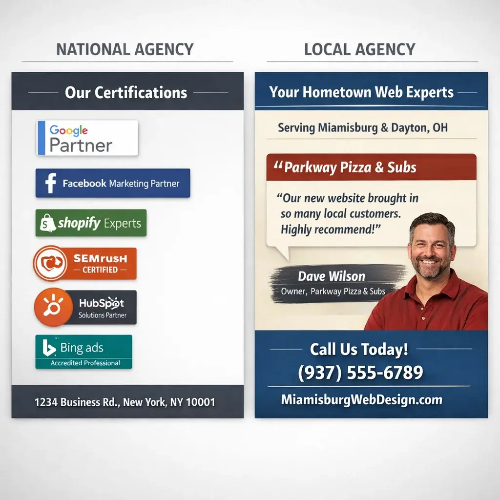 Split-screen comparing generic web design credentials vs. a locally grounded Miamisburg, Ohio agency with regional clients an